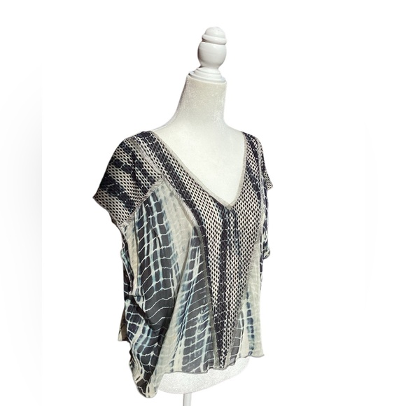 Burning Torch Upcycled Silk Blouse in Tie Dye Indigo on light Gray mesh detail - Picture 8 of 16